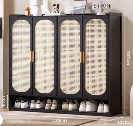 120cm Rattan Design 4 Door Black Bamboo Shoe Cupboard