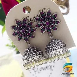 Black Silver Plated Jimikki Earrings Flower Design With Multi Stone For Women.
