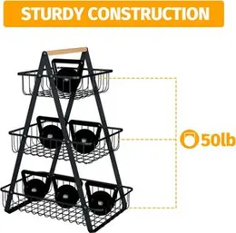 3 Tier Countertop Fruit Basket,Portable Fruit Bowle Basket,Detachable Metal Rectangle Basket Storage for Kitchen Organizer Storage & Dining Room Fruit