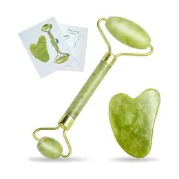 Gnker Jade Roller and Gua Sha Set for Beautiful Skin Detox - Facial Body Eyes Neck Massager Tool Reduce Wrinkles Aging - Original Natural Jade Stone (