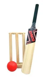 Synco Wooden Mini Cricket Set (1 Poplar Wooden Bat, 1 Wicket with Stump and Base, 1 Plastic Ball, Light Weight, Suitable for Kids, for Indoor as Well 