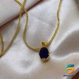 Gold Plated Chain With Pendant 18/24 inch 02MM Fox Chain with Dark Blue Oval Shape Stone Pendant Necklace for Ladies & Girl.