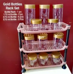 11 Different Size Gold Lid Plastic Bottles +  1 Plastic Bottle Rack Full set