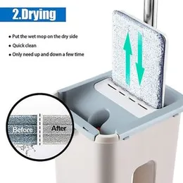 Flat Mop With Bucket Hand Free Lazy Washing 360 Spin Scratch Squeeze Mop With Microfiber Pads For Household Cleaning Tools