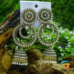 Gold Plated Earrings traditional Full Stone long Metal Dangle Jimikki Earrings With White Pearl Drop for Women.