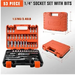 53 Pieces Socket Wrench Set Drive Socket Set with 1/4 Inch Ratcheting Wrench Plastic Toolbox Storage Case for Automotive Repair And Home Use