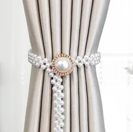 Trexee 2 Pcs Gold Pearl Round Curtain Tiebacks Elastic Holder Hook Buckle Clip Pretty Adjustable Curtain Holdback Curtain Ties for Drapes Curtain Hold