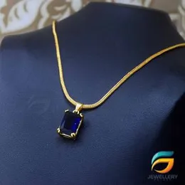 Gold Plated Chain With Pendant 18/24 inch 02MM Fox Chain with Blue Box Shape Stone Pendant Necklace for Ladies & Girl Oval Shape Stone Pendant Necklac