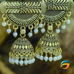 Gold Plated Earrings Dull Gold traditional Temple Design Long Metal With White Pearl Drop Jimikki Earrings for Women.