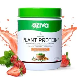 OZiva Bioactive Plant Protein (Strawberry) | 25g Protein,5.5 BCAA| Pea Isolate| Plant based Protein Powder for Women & Men | Essential Amino Acids| Ve