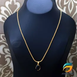 Gold Plated Chain With Pendant 18/24 inch 02MM Fox Chain with Dark Blue Oval Shape Stone Pendant Necklace for Ladies & Girl.