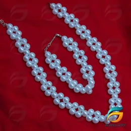 White Glass Pearl Necklace With Bracelet Adjustable Extender Pearl For Woman.
