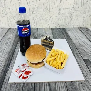 Burger French Fries Chocolate Pastry & Pepsi