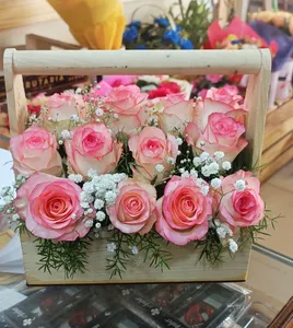 Pink Roses In Wooden Basket
