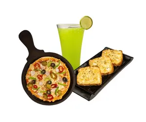 Veg exotica pizza with cheese garlic bread and any mojito