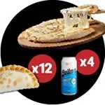 PROMO 1: 1 PIZZA GRANDE DE MUZZARELLA, 12 EMPANADAS Y 4 QUILMES
