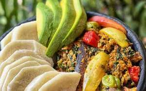 Boiled yam with palava sauce