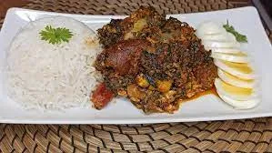 plain rice with palava sauce