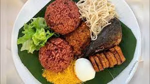 Waakye with liver, towel and fish