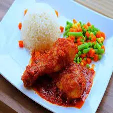 Plain rice, fish or chicken or meat, egg and vegetables