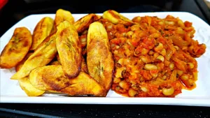 Fried plantain with beans stew