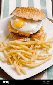 Egg n meat burger with fries