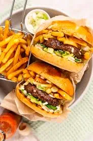 Meat burger with fries
