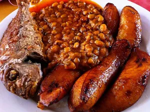 Fried plantain and bambara beans