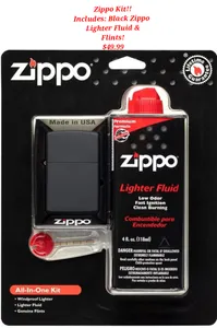 Black Zippo Kit w/ Lighter Fluid & Flints!
