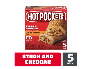 Hot Pockets Frozen Snacks Crispy Buttery Crust Steak and Cheddar Sandwiches, 22.5 oz, 5 Count Box (Frozen)