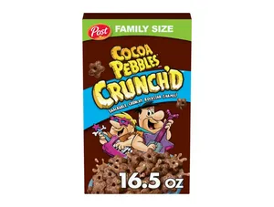 Post Cocoa PEBBLES Crunch'D Breakfast Cereal, Chocolatey Family Size Cereal, 16.5 oz Box
