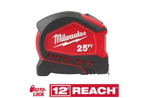 Tape Measure, Compact, Auto Lock, 25 ft. with Fractional Scale and 9 ft. Standout