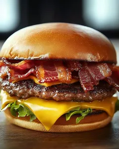 Hamburger with bacon and mozarella cheese + fries