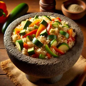 Molcajete de arroz y vegetales