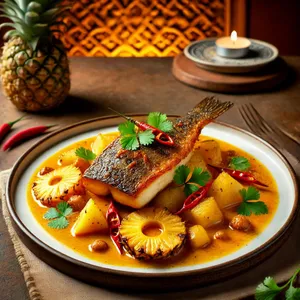 Corvina en salsa de coco y curry con pina
