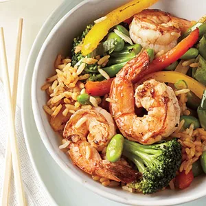 Prawns And Vegetables With Toasted Rice