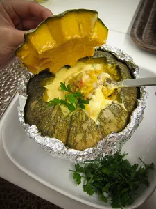 Rice Baked With Seafood In Whole Pumpkin