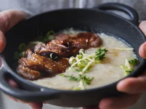 Roast Duck And Meat Ball Porridge