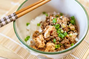 Beef with Bean Curd over Rice