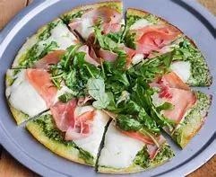 Gluten Free Cauliflower Bufala Mozzarella, Pesto Sauce & Cherry Tomatoes Pizza