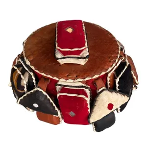 Handmade African Leather Patchwork Stool – Traditional Pouf Ottoman Footrest