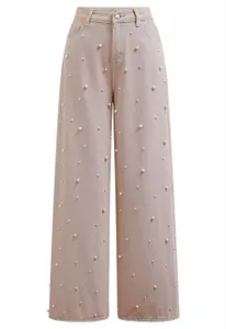 Regular waist Pearled Straight Leg Jeans
